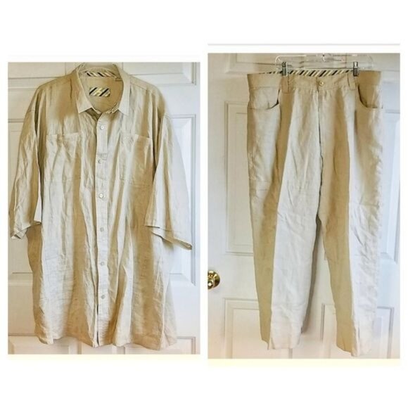 MEN'S VINTAGE 90s Pelle Pelle Linen Shirt Pants Set Cream MAN'S 4 Extra Large - Picture 14 of 15